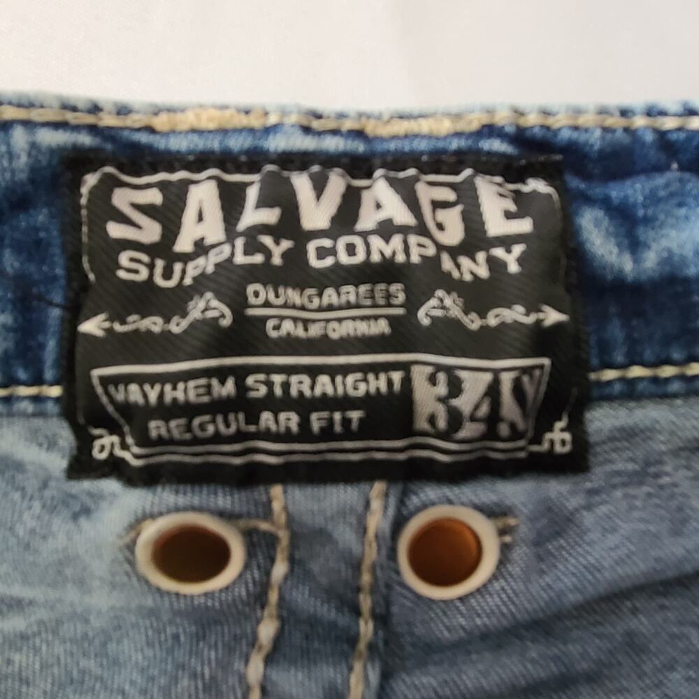 Mens Salvage Distressed Mayhem Straight Jeans 34x27 Blue - Picture 8 of 15